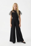 Blair zwarte jumpsuit tiener achterkant, tule riem, feestelijke meisjes kledij