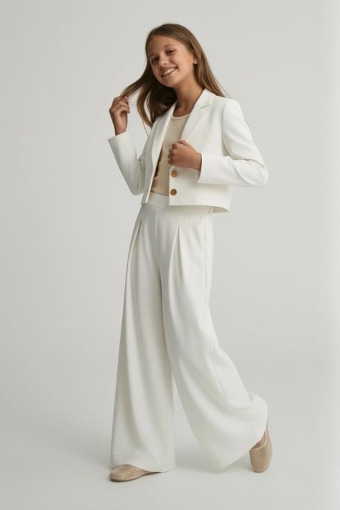 elegante meisjes set Emi wit, top met tule mouwen en rok, Vormsel feestkleding, zoyafashion.be